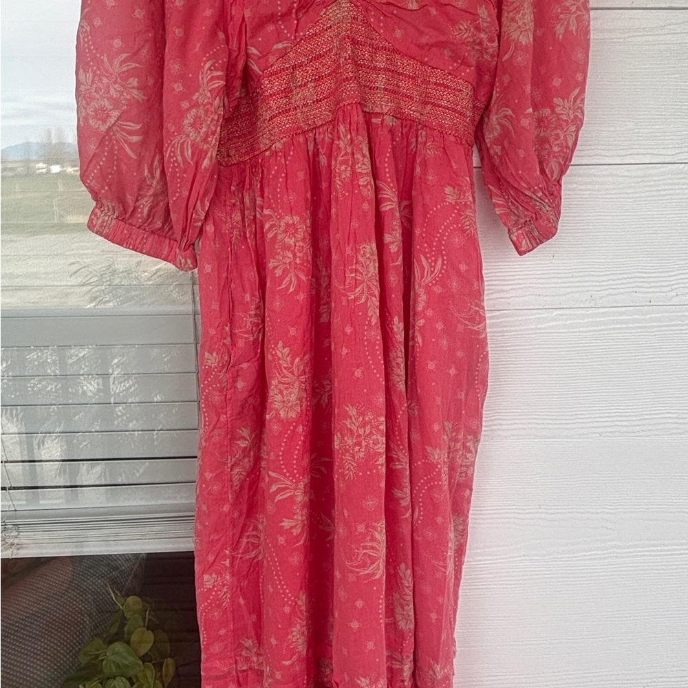 Floral Pink Maxi Dress with Smocked Waist and Puff Sleeves